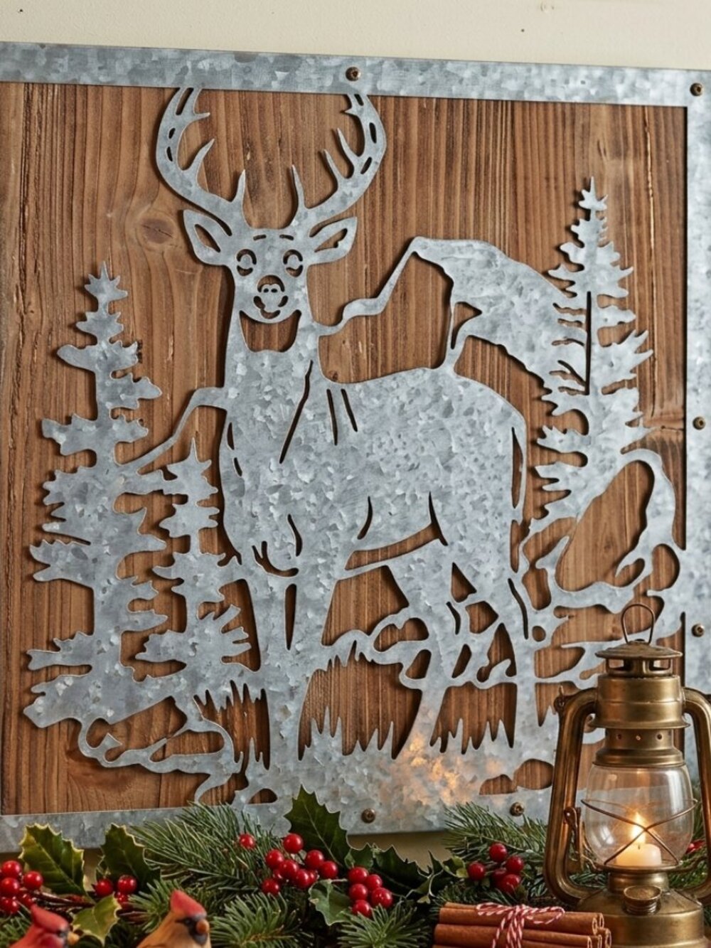 Modern Rustic Wood & Galvanized Metal Deer Silhouette - 16x16 Forest Wall Decor